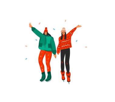 Elle çizilmiş vektör soyut eğlence stoku Mutlu Noeller ve beyaz arka planda izole edilmiş şirin Xmas kız arkadaşlarının resimleriyle dolu Mutlu Yıllar karikatürü.