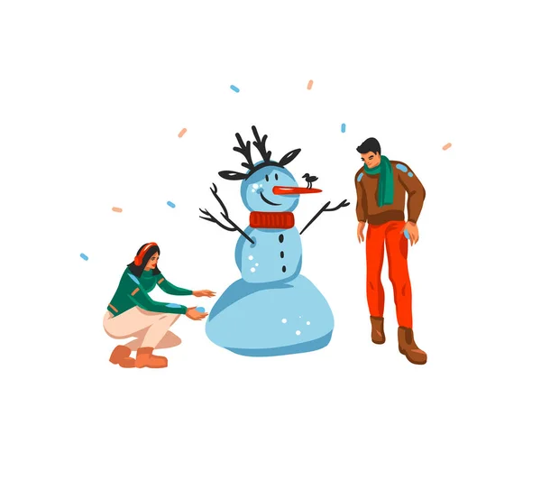 Hand getekend vector abstract leuk voorraad plat vrolijk kerstfeest, en gelukkig Nieuwjaar cartoon feestelijke kaart met schattige illustraties van Kerstmis paar maken sneeuwpop samen geïsoleerd op witte achtergrond — Stockvector