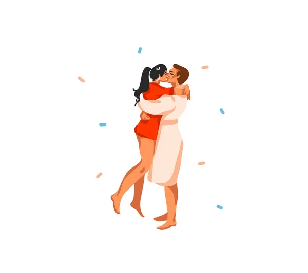 Mão desenhado vetor abstrato divertido estoque plana Feliz Natal, e Feliz Ano Novo cartoon cartão festivo com ilustrações fofas de Xmas casal abraço e beijando juntos isolado no fundo branco — Vetor de Stock