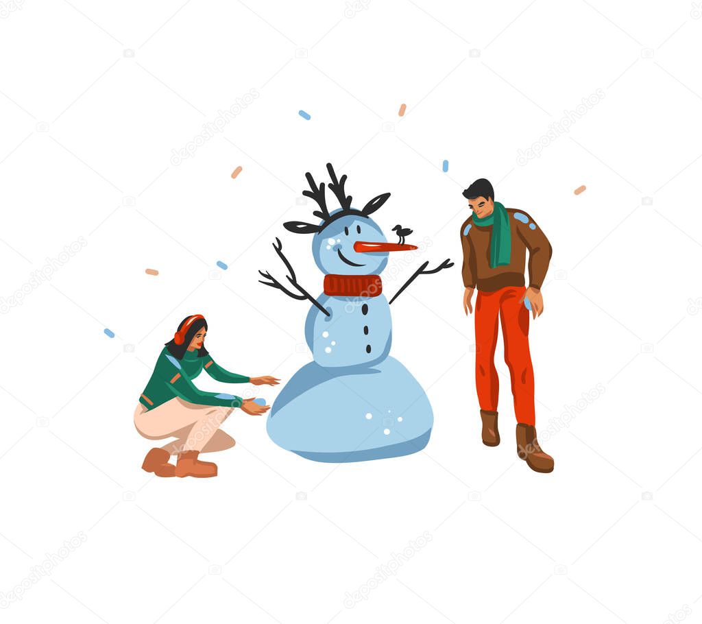 Hand drawn vector abstract fun stock flat Merry Christmas,and Happy New Year time cartoon festive card with cute illustrations of Xmas couple making snowman together isolated on white background
