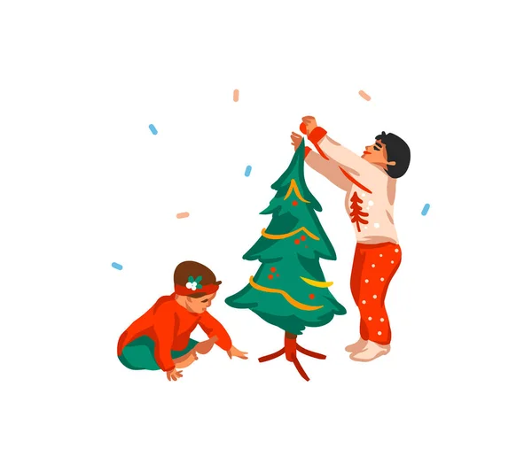 Mão desenhado vetor divertido estoque plana Feliz Natal, e Feliz Ano Novo cartoon cartão festivo com ilustrações bonitos de primeira menina natal e menino preparando árvore de xmas isolado no fundo branco —  Vetores de Stock