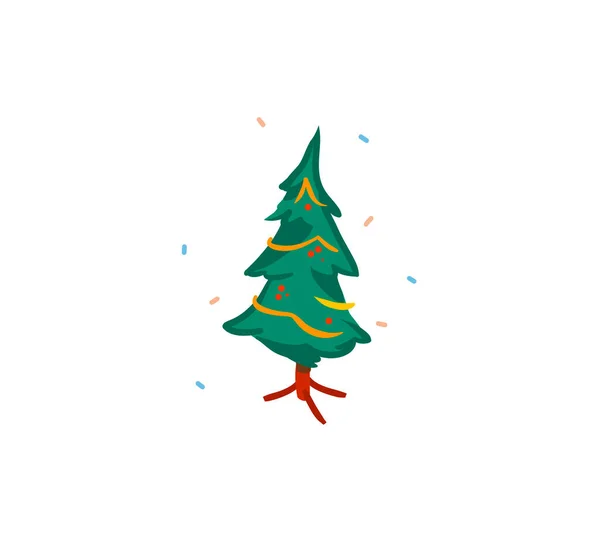 Dessiné à la main vecteur abstrait fun stock plat Joyeux Noël, et bonne année dessin animé carte festive avec de jolies illustrations de la maison arbre de Noël intérieur isolé sur fond blanc — Image vectorielle