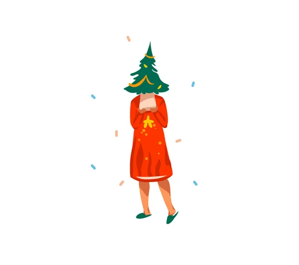 Papier peint à la main vecteur abstrait plat Joyeux Noël, et bonne année temps carte festive dessin animé avec de jolies illustrations de la mode fille moderne tenant petit arbre de Noël isolé sur fond blanc — Image vectorielle