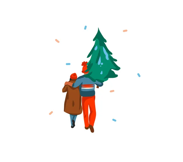 Gambar tangan vektor abstrak stok menyenangkan Selamat Natal, dan Happy New Year kartu kartun dengan ilustrasi dari pasangan Natal bersama-sama dibeli dan membawa pulang pohon Natal terisolasi di latar belakang putih - Stok Vektor