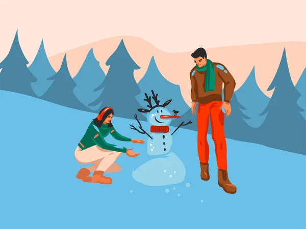 Handgezeichnete Vektor abstrakte Spaß Lager flache Frohe Weihnachten und Frohe Neues Jahr Cartoon-Karte mit Illustrationen von Weihnachten Paar zusammen machen Schneemann im Freien isoliert auf Landschaft Hintergrund — Stockvektor