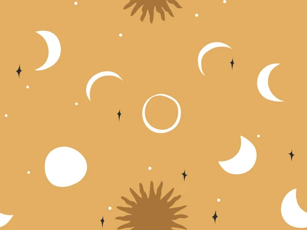 Handgezeichnete Vektor abstrakte flache Stock grafische Ikone Illustration Skizze nahtlose Muster mit Himmelsmond, Sonne und Sternen, mystische und einfache Collage Formen isoliert auf goldenem Hintergrund. — Stockvektor