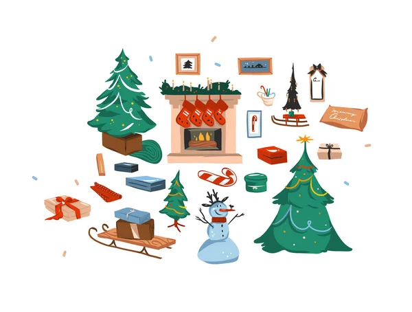 Dibujado a mano vector abstracto divertido stock plana Feliz Navidad, y feliz año nuevo colección de dibujos animados conjunto paquete con ilustraciones de elementos de decoración al aire libre e interior aislados sobre fondo blanco — Vector de stock