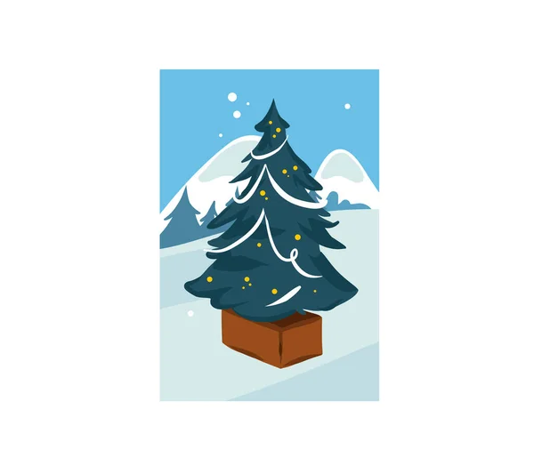 Mão desenhado vetor abstrato diversão plana Feliz Natal, e Feliz Ano Novo cartoon cartão festivo com ilustrações fofas de grande árvore de Natal decorada ao ar livre na paisagem de inverno isolado no fundo branco —  Vetores de Stock