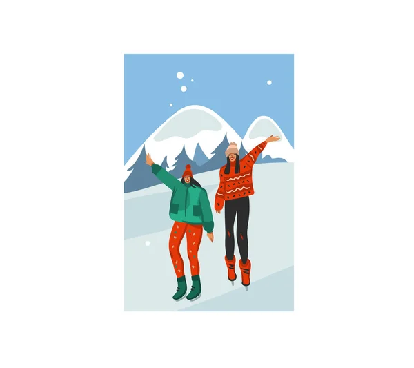 Handgetekende vector abstracte voorraad platte Vrolijk Kerstmis, en Gelukkig Nieuwjaar cartoon feestelijke kaart met schattige illustraties van Kerstmis gelukkige meisjes lopen samen geïsoleerd op winter landschap achtergrond — Stockvector