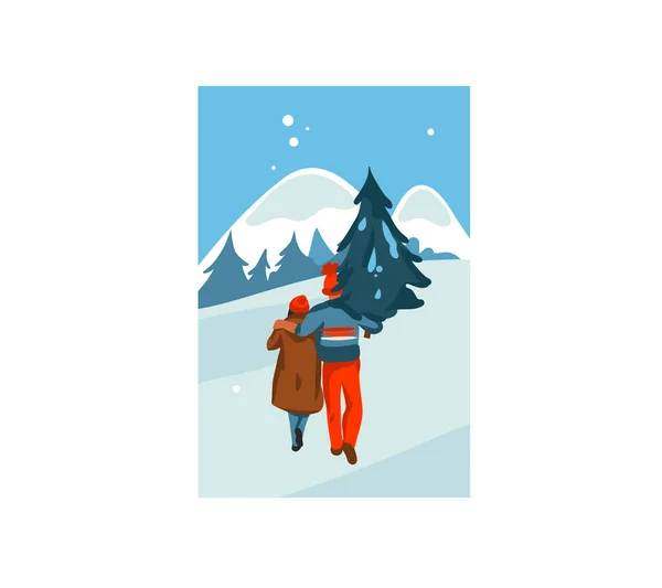 Ручний малюнок векторних абстрактних веселощів акції щасливого Різдва, і З Новим Роком карти мультфільмів з ілюстраціями Xmas пару разом купив і нести додому xmas дерево ізольоване на ландшафтному тлі — стоковий вектор