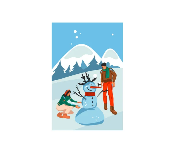 Dessiné à la main vecteur abstrait fun stock plat Joyeux Noël et bonne année carte de dessin animé avec des illustrations de couple de Noël ensemble faire bonhomme de neige en plein air isolé sur fond de paysage — Image vectorielle