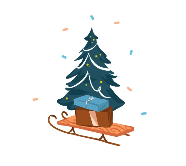 Gambar tangan vektor abstrak stok datar Merry Christmas, dan Happy New Year kartu perayaan kartun dengan ilustrasi lucu dari kereta luncur Xmas dan hadiah kotak dengan pohon xmas terisolasi di latar belakang putih - Stok Vektor