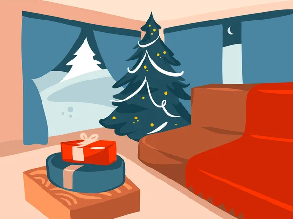 Dibujado a mano vector abstracto stock plana Feliz Navidad, y Feliz Año Nuevo ilustraciones festivas de dibujos animados de gran árbol de Navidad decorado y cajas de regalo en el interior de la casa de vacaciones aislado en el fondo de color — Vector de stock