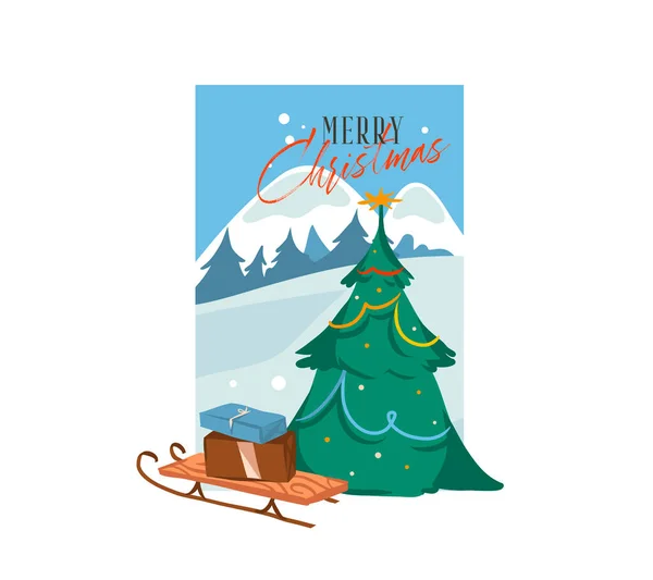 手描きベクトル抽象的な楽しいフラットメリークリスマス、そして白い背景に隔離された冬の風景の上に大きな装飾されたクリスマスツリーの屋外のかわいいイラストとハッピーニューイヤー漫画のお祝いカード — ストックベクタ