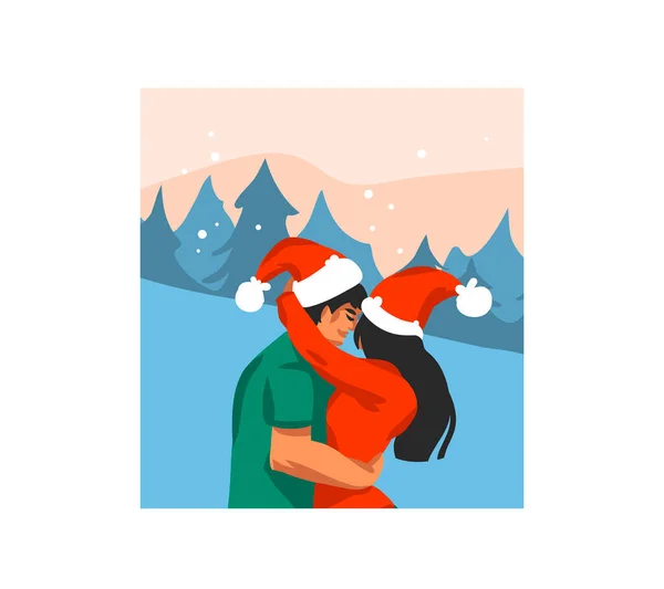 Hand drawn vector abstract fun stock flat Merry Christmas,and Happy New Year cartoon card with illustrations of Xmas couple together kissing and hug isolated on landscape background — Stock Vector