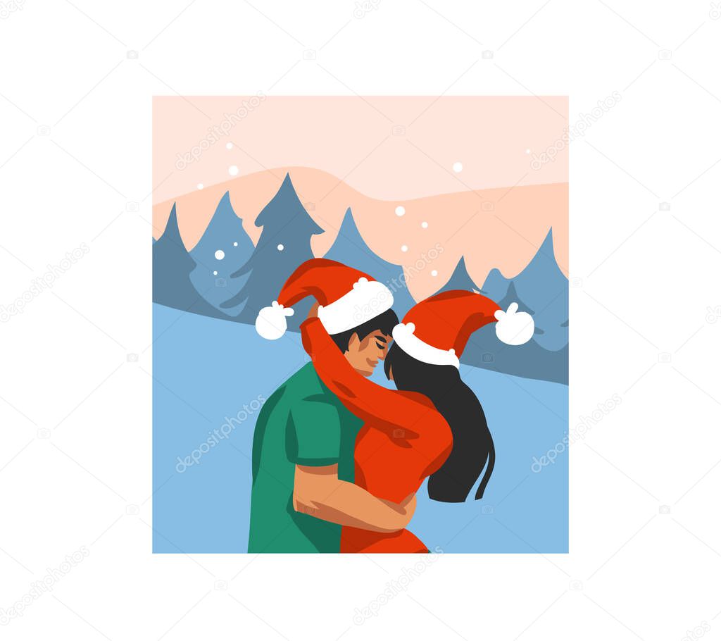 Hand drawn vector abstract fun stock flat Merry Christmas,and Happy New Year cartoon card with illustrations of Xmas couple together kissing and hug isolated on landscape background