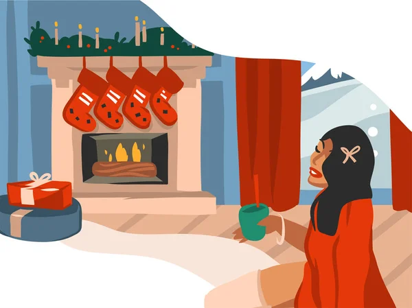 Dessiné à la main vecteur abstrait stock plat Joyeux Noël et bonne année dessins animés illustrations festives de grand arbre de Noël décoré et cheminée dans la maison de vacances intérieur isolé sur fond de couleur — Image vectorielle