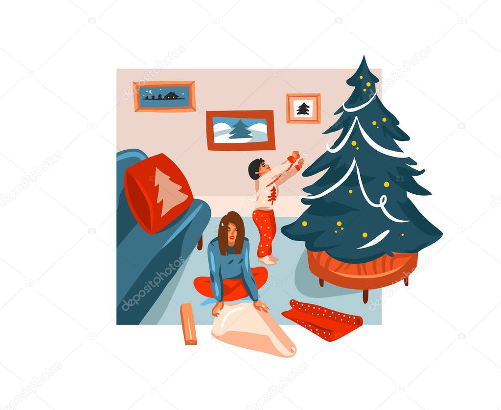 Hand drawn vector abstract fun stock flat Merry Christmas,and Happy New Year cartoon festive card with cute illustrations of Xmas family unpack gifts at home together isolated on white background