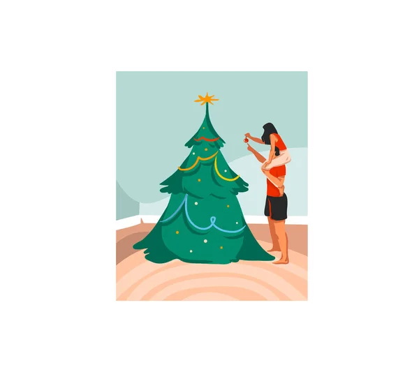 Dessiné à la main vecteur abstrait fun stock plat Joyeux Noël, et bonne année dessin animé carte festive avec de jolies illustrations de Noël couple accrocher des jouets sur l'arbre ensemble isolé sur fond blanc — Image vectorielle