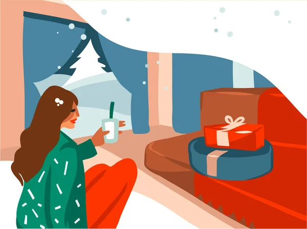 圣诞佳节快乐，圣诞佳节快乐卡通画圣诞大装饰圣诞树和女装饮料可可在度假别墅的内部，以色彩为背景 — 图库矢量图片