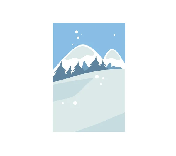 Ручной рисовать векторные абстрактные забавные акции квартира Веселое Рождество, и счастливого Нового года мультяшная праздничная открытка с милыми иллюстрациями рождественского зимнего горного пейзажа с елками на цветном фоне — стоковый вектор