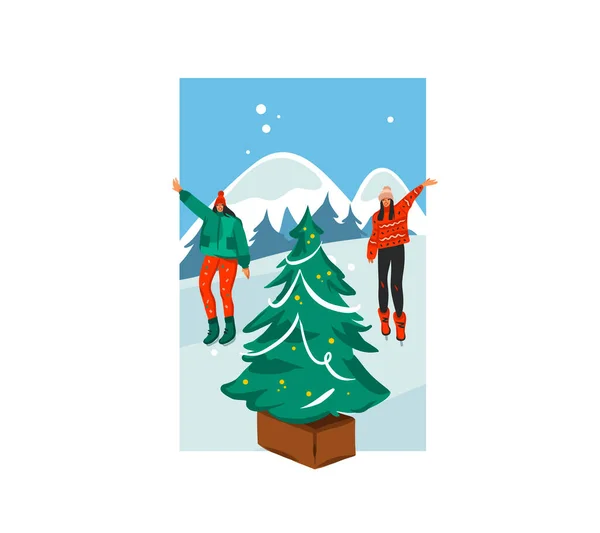 Handgetekende vector abstracte voorraad platte Vrolijk Kerstmis, en Gelukkig Nieuwjaar cartoon feestelijke kaart met schattige illustraties van Kerstmis gelukkige meisjes lopen samen geïsoleerd op winter landschap achtergrond — Stockvector