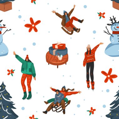 El çizimi vektör soyut eğlence stoku düz noel ve mutlu yıllar çizgi film kusursuz desen ve renkli arka planda izole edilmiş Xmas retro hediye kutularının şirin çizimleri.