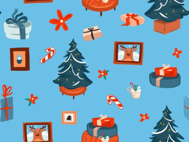 El çizimi vektör soyut eğlence stoku düz noel ve mutlu yıllar çizgi film kusursuz desen ve renkli arka planda izole edilmiş Xmas retro hediye kutularının şirin çizimleri.