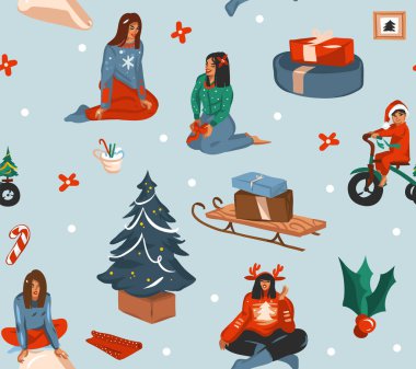 El çizimi vektör soyut eğlence stoku düz noel ve mutlu yıllar çizgi film kusursuz desen ve renkli arka planda izole edilmiş Xmas retro hediye kutularının şirin çizimleri.