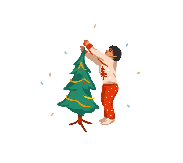 Dessiné à la main vecteur fun stock plat Joyeux Noël, et bonne année dessin animé carte festive avec de jolies illustrations de garçon préparant arbre de Noël isolé sur fond blanc — Image vectorielle