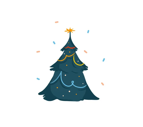 Handgetekende vector abstract leuk voorraad plat vrolijk kerstfeest, en gelukkig Nieuwjaar cartoon feestelijke kaart met schattige illustraties van grote versierde kerstboom indoor geïsoleerd op witte achtergrond — Stockvector