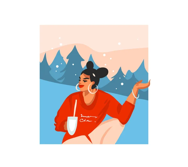 Векторная абстрактная бумажная квартира Счастливого Рождества и праздничная открытка с новогодним мультфильмом с милыми иллюстрациями молодой девушки пьют горячее какао на белом фоне — стоковый вектор