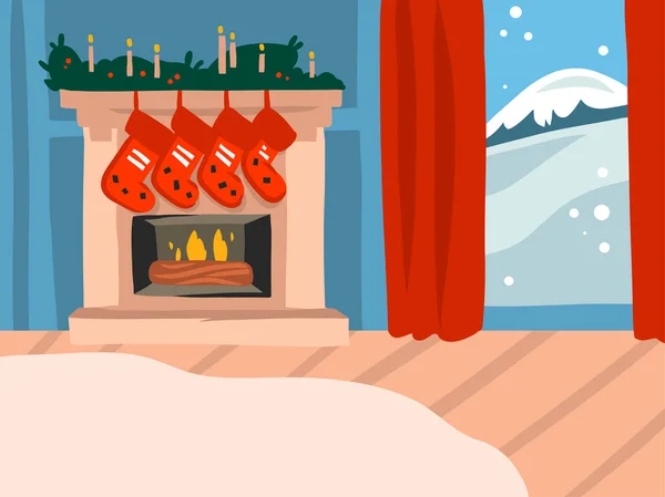 Mão desenhado vetor abstrato estoque plano Feliz Natal, e Feliz Ano Novo desenhos animados ilustrações festivas de grande lareira decorada em casa de férias interior isolado em fundo de cor —  Vetores de Stock