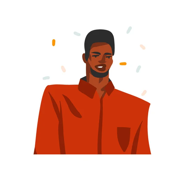 손으로 그린 추상적 벡터 스톡 그래픽 삽화젊은 행복 한 흑인 아프리카계 미국인 미모의 남자, 흰색 배경에 고립 된 패션 복장 — 스톡 벡터