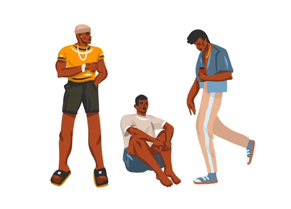 手工绘制的矢量平面抽象库存图片集与年轻快乐的美国黑人美男子，时尚街道服装孤立的白色背景 — 图库矢量图片