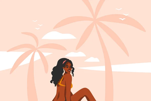 Dibujado a mano vector abstracto stock plana ilustración gráfica con joven, feliz negro afro americana belleza mujer en traje de baño al atardecer ver escena en la playa aislado en rosa pastel fondo — Vector de stock