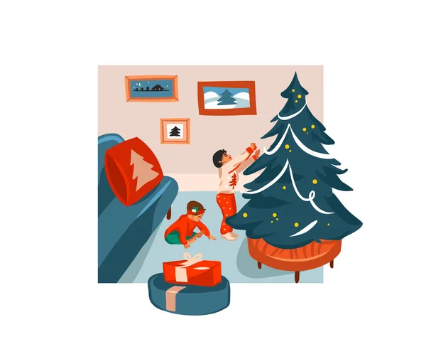Vettore disegnato a mano astratto divertente magazzino piatto Buon Natale, e felice anno nuovo cartone animato festivo con simpatiche illustrazioni di bambini di Natale a casa insieme isolati su sfondo bianco — Vettoriale Stock