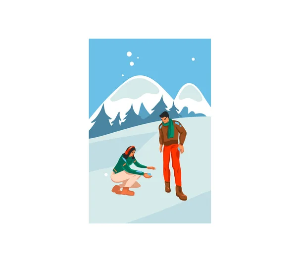 Dessiné à la main vecteur abstrait fun stock plat Joyeux Noël et bonne année carte de dessin animé avec des illustrations de couple de Noël ensemble jouer en plein air isolé sur fond de paysage — Image vectorielle