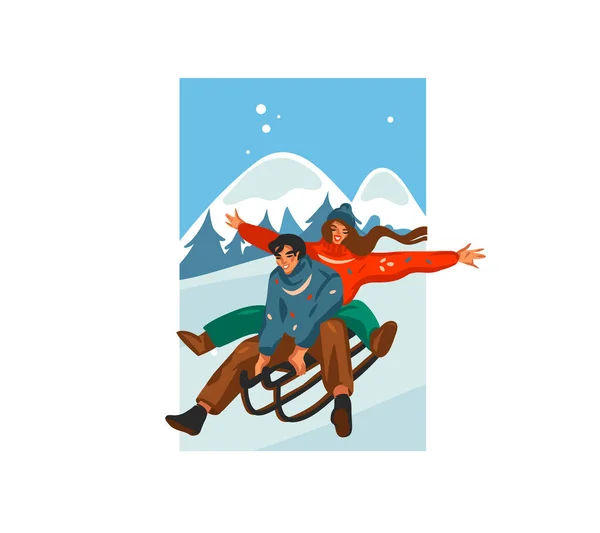 手描きベクトル抽象的な楽しいストックフラットメリークリスマス、冬の風景を背景に一緒に孤立Xmasカップルそりのかわいいイラストとハッピーニューイヤー漫画のお祝いカード — ストックベクタ