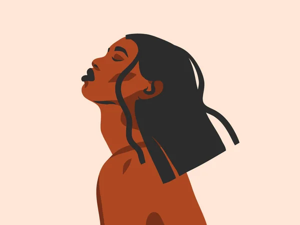 Ilustración gráfica plana de stock abstracto vectorial dibujado a mano con mujer afroamericana hermosa étnica tribal negra en estilo simple, aislada sobre fondo blanco — Vector de stock