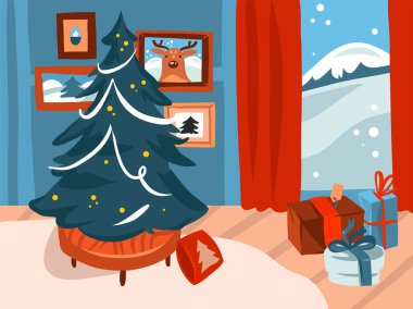 El çizimi vektör soyut düz Mutlu Noeller ve renkli arka planda izole edilmiş tatil evindeki büyük süslü Noel ağacının yeni yıl karikatürü.