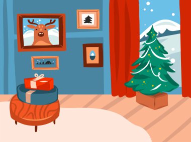 El çizimi vektör soyut düz Mutlu Noeller ve renkli arka planda izole edilmiş tatil evindeki büyük süslü Noel ağacının yeni yıl karikatürü.