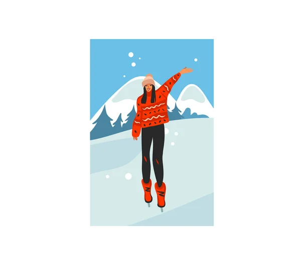 Рука малював векторний абстрактний склад Веселого Різдва, і З Новим роком мультфільм святкова картка з милими ілюстраціями Xmas щаслива дівчина ходити ізольовано на зимовому ландшафті — стоковий вектор