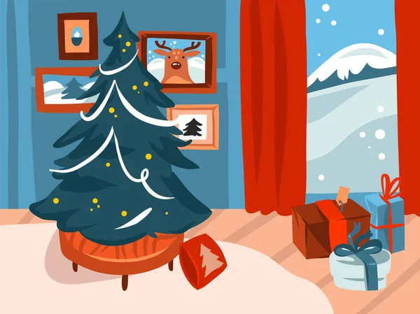 El çizimi vektör soyut düz Mutlu Noeller ve renkli arka planda izole edilmiş tatil evindeki büyük süslü Noel ağacının yeni yıl karikatürü.