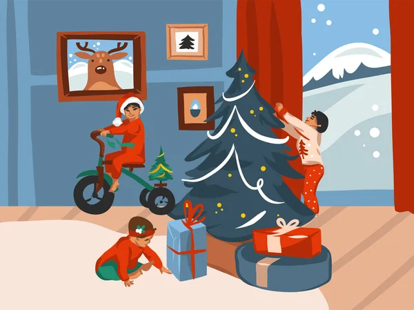 Dibujado a mano vector abstracto divertido stock plana Feliz Navidad, y Feliz Año Nuevo tarjeta festiva de dibujos animados con lindas ilustraciones de Navidad bebé niños en casa juntos aislados sobre fondo blanco — Vector de stock