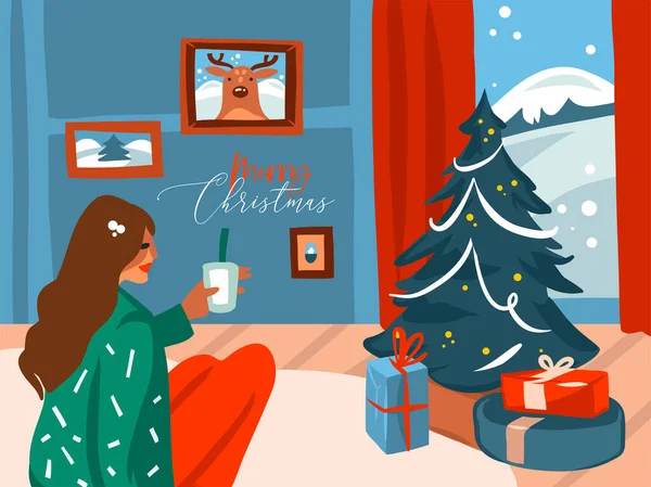 Vettore disegnato a mano astratto magazzino piatto Buon Natale, e Felice anno nuovo illustrazioni dei cartoni animati di grande albero di Natale decorato e cacao bevanda femminile in casa vacanza interno isolato su sfondo di colore — Vettoriale Stock