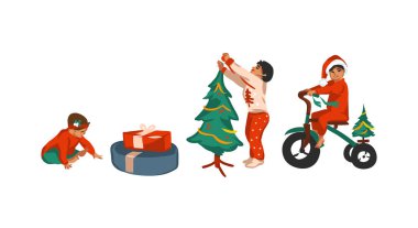 El çizimi vektör soyut eğlence stoku Mutlu Noeller ve beyaz arka planda izole edilmiş şirin Xmas küçük çocuk koleksiyonları içeren Mutlu Yıllar karikatürü.