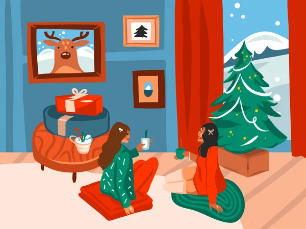 Dessiné à la main vecteur abstrait fun stock plat Joyeux Noël, et bonne année dessin animé carte festive avec de jolies illustrations de Noël couple lesbien à la maison ensemble isolé sur fond blanc — Image vectorielle