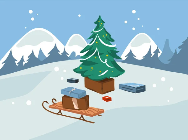 Papier peint à la main vecteur abstrait plat Joyeux Noël, et Bonne année carte de dessin animé avec de jolies illustrations de sapin de Noël, traîneau et cadeaux boîte cadeaux isolés sur fond blanc paysage d'hiver — Image vectorielle