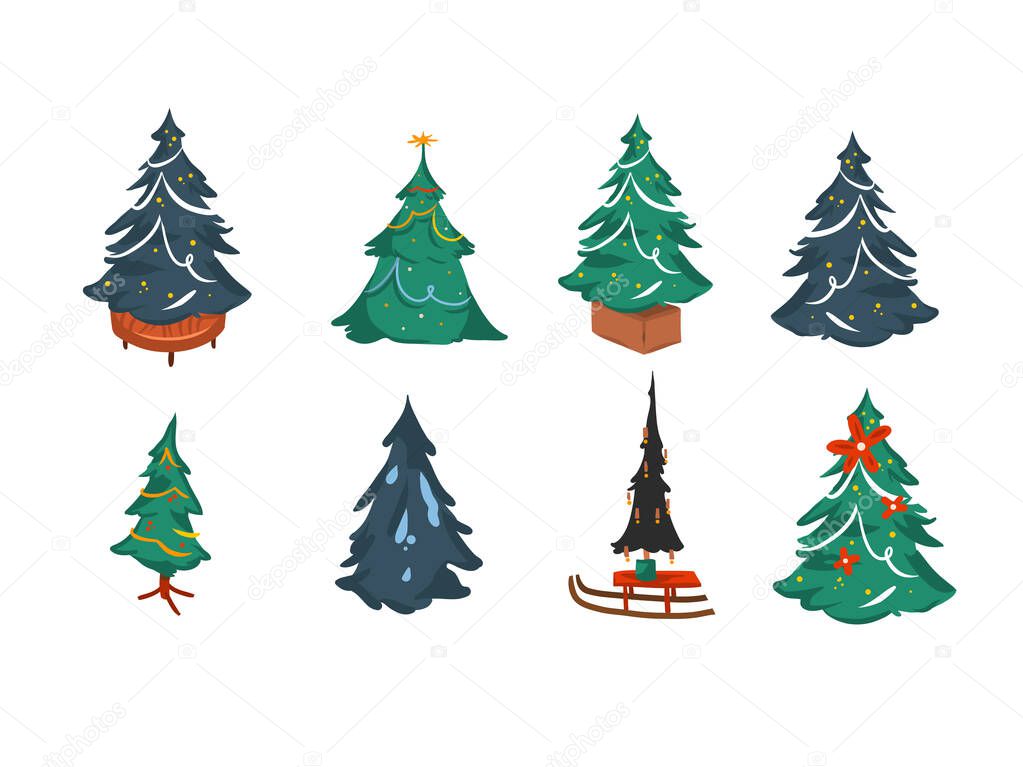 Hand drawn vector abstract fun stock flat Merry Christmas,and Happy New Year cartoon collection set bundle with illustrations of decorated xmas trees isolated on white background